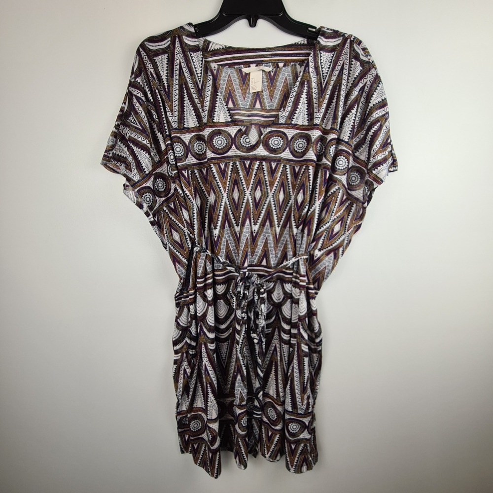 HM Womens Geometric Tribal Print Kaftan Swimsuit Cover Up V-Neck Tie Waist Large